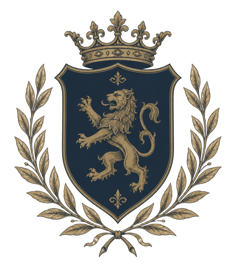 The heraldic crest of the House of Faust: a gold lion upon a dark navy shield, crowned and wreathed in laurel