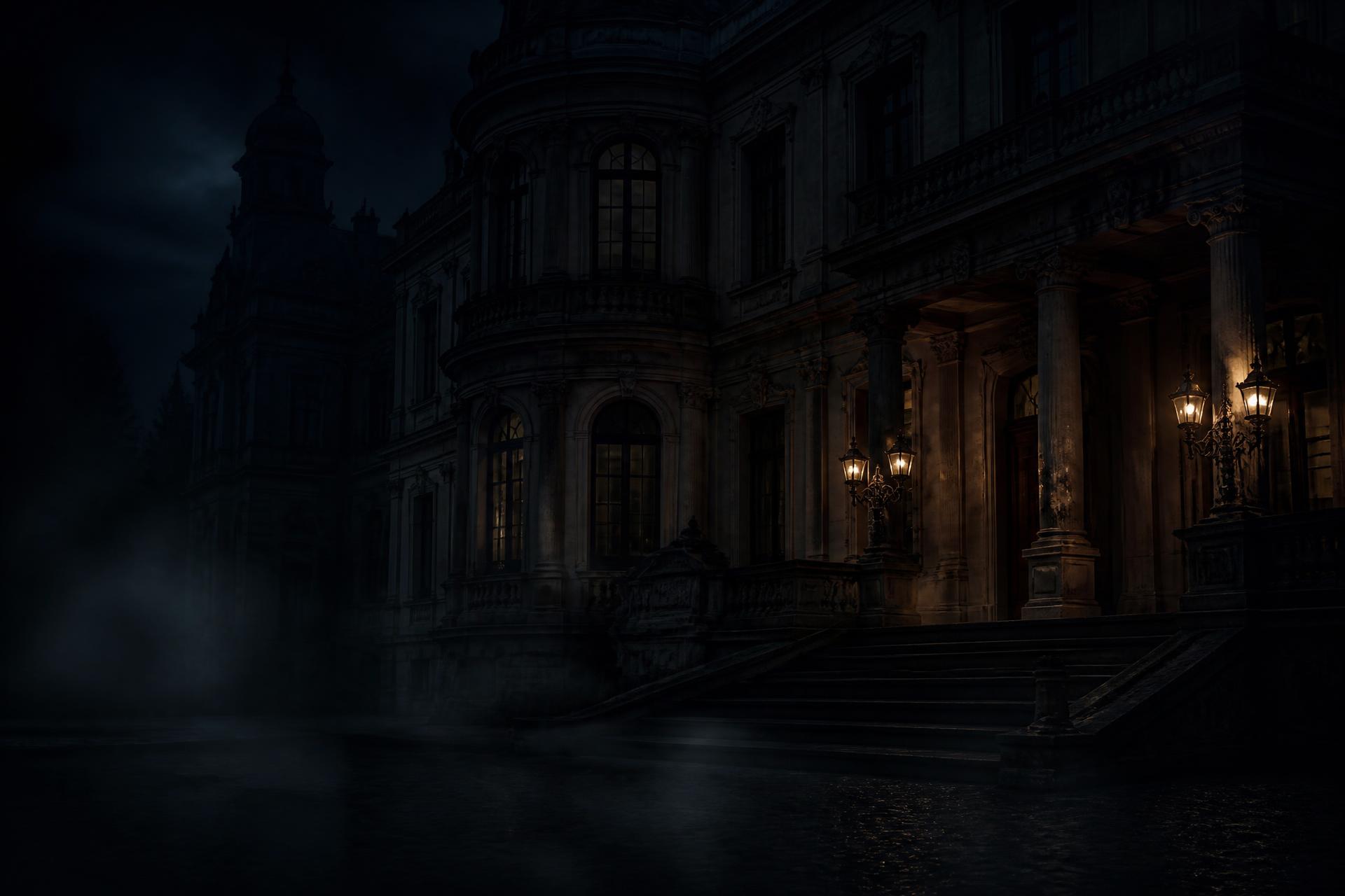 A shadowed European estate at night, lamplit under fog